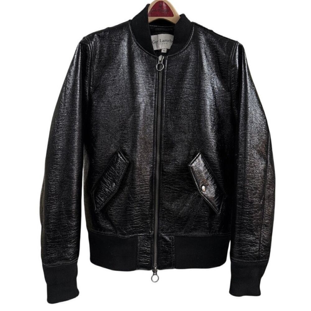 VTG Guy Laroche Homme Sz M Wet Look Black Bomber Jacket